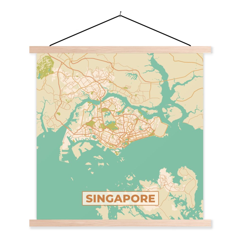 MuchoWow Textilposter Singapur - Karte - Stadtplan - Vintage - Karte 120x120 cm mit holzfarbenen Rahmen - Textil-Poster