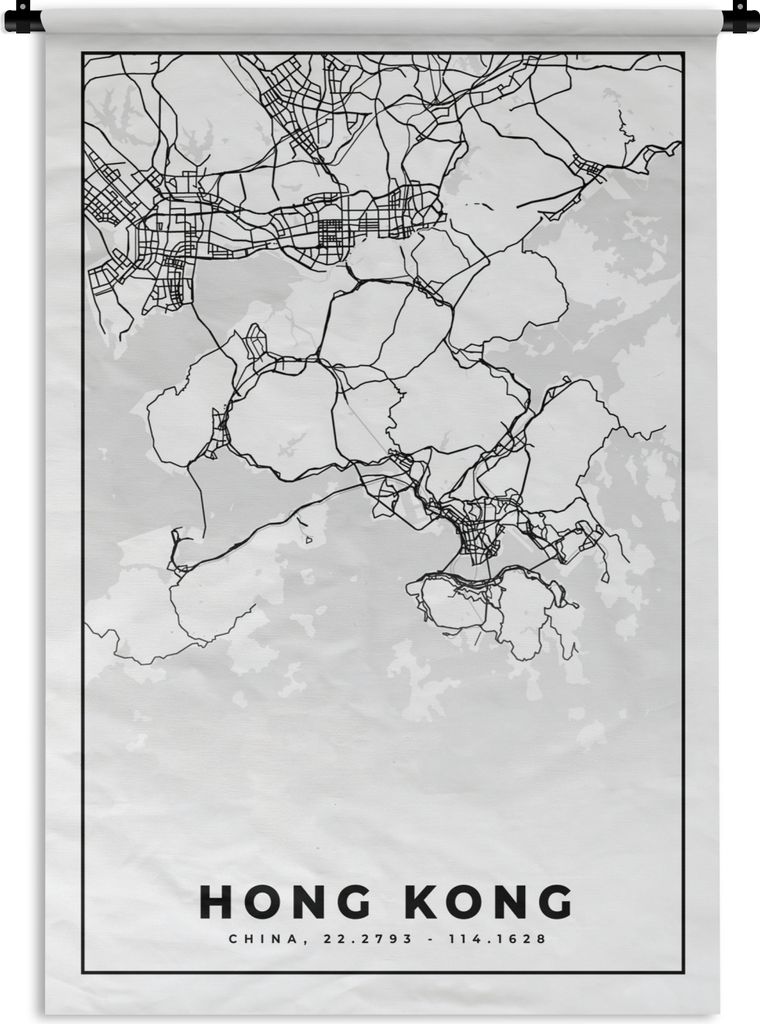 MuchoWow Wandteppich Wandbehang Karte - Hongkong - Schwarz-weiß - Stadtplan - Routenbeschreibung 60x90 cm Tapisserie Dekoration Wandtuch - Foto-...