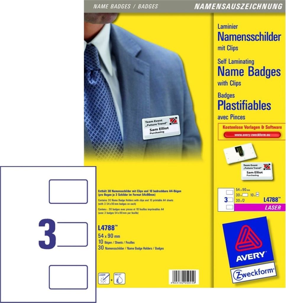 Laminier Namens-Schilder 54x90mm mit Clips 30x Stück