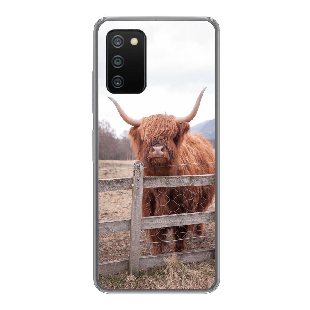 MuchoWow Handyhülle Schutzhülle Hülle für Samsung Galaxy A03s Scottish Highlander - Gras - Zaun Silikon Softcase Handy Hülle - Schutz