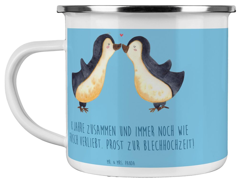 Mr. & Mrs. Panda Teetasse 8. Hochzeitstag Blechhochzeit - Sky Blue - Geschenk, Emaille Becher, Tasse, romantische Geschenke, Partnerschaft, Heirate...