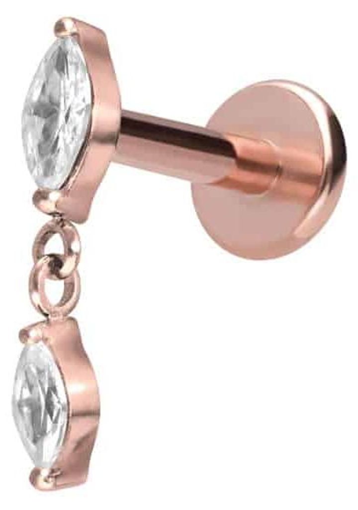 Ohrpiercing, Nasenpiercing Titan Labret mit Innengewinde 2 KRISTALLTROPFEN RoséGold Stablänge: 8mm | Stabstärke: 1,6mm