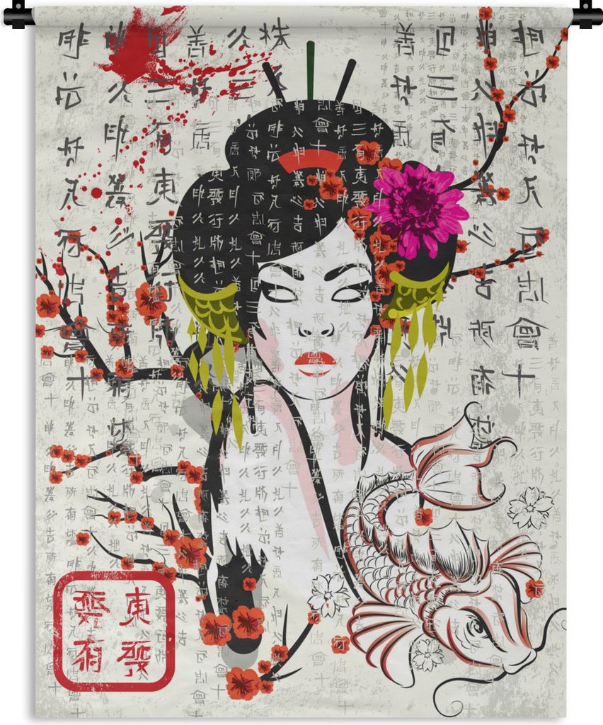 MuchoWow Wandteppich Wandbehang Illustration - Japanisch - Frau 90x120 cm Tapisserie Dekoration Wandtuch - Wanddeko