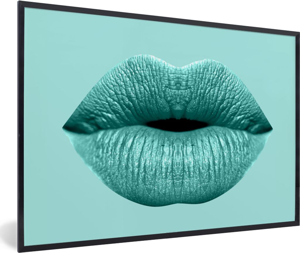 MuchoWow MuchoWow Gerahmtes Poster Lippen - Pastell - Blau 30x20 cm - Poster mit zchwarzem Bilderrahmen - Kunstdruck - Bild-Poster
