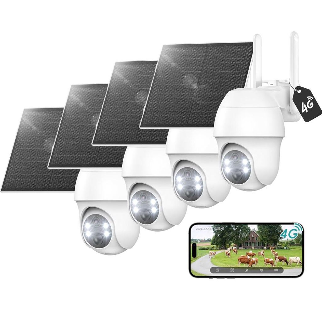 4 Stück 4G LTE Überwachungskamera Aussen Akku Solar 2K Kamera Überwachung Aussen mit SIM Karte Ohne WLAN Kamera PTZ Farbnachtsicht PIR Bewegungs...