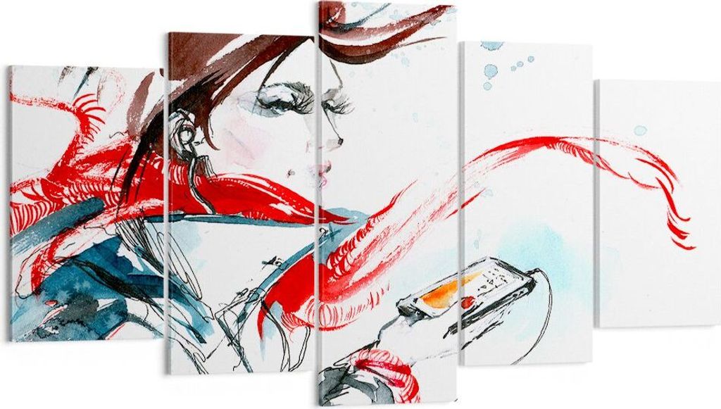 Bild auf Leinwand - Leinwandbild - Frau Schal Telefon Illustration - 160x85cm - Wand Bild - Wanddeko - Leinwanddruck - Bilder - Kunstdruck - Leinwa...