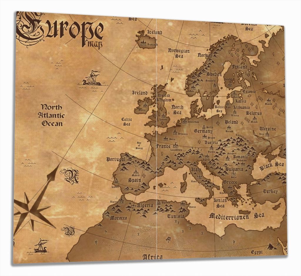 Wallario Herdabdeckplatte aus Glas, Größe 60 x 52 cm 2-teilig, Motiv Alte Weltkarte Karte von Europa in englisch