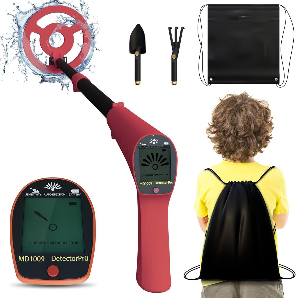 LZQ Kinder Metalldetektor Rot – Verstellbarer Schatzsucher mit wasserdichter 16,5 cm Suchspule, LCD-Display, Signalton, inkl. Schaufel & Tragetasche