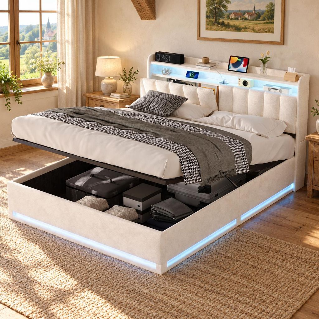 Polsterbett 140x200 cm mit USB, Doppelbett mit Produktbild 