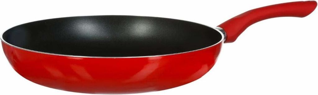 A red frying pan with a black interior and a red handle is shown against a white background.
