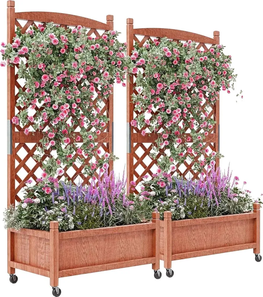 Jardinière design espalier marron avec roues autobloquantes en bois