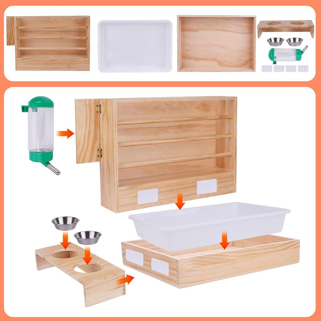 4 in 1 Heu-Futterstation mit Katzenklo, Wasserflasche und Futterschalen für Haustiere - Holz-Heuraufe für kleine Haustiere wie Kaninchen, Hamster...