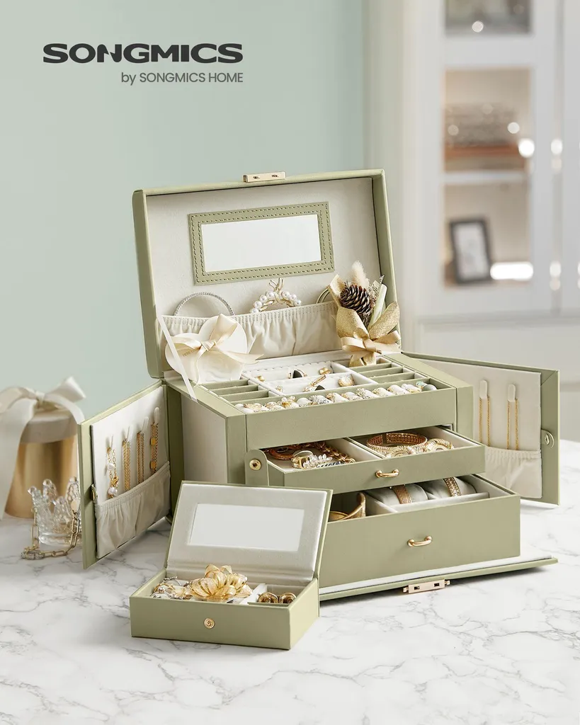 Rangement bijoux 3 niveaux vert laurier - Idéal pour coiffeuse et table - 2