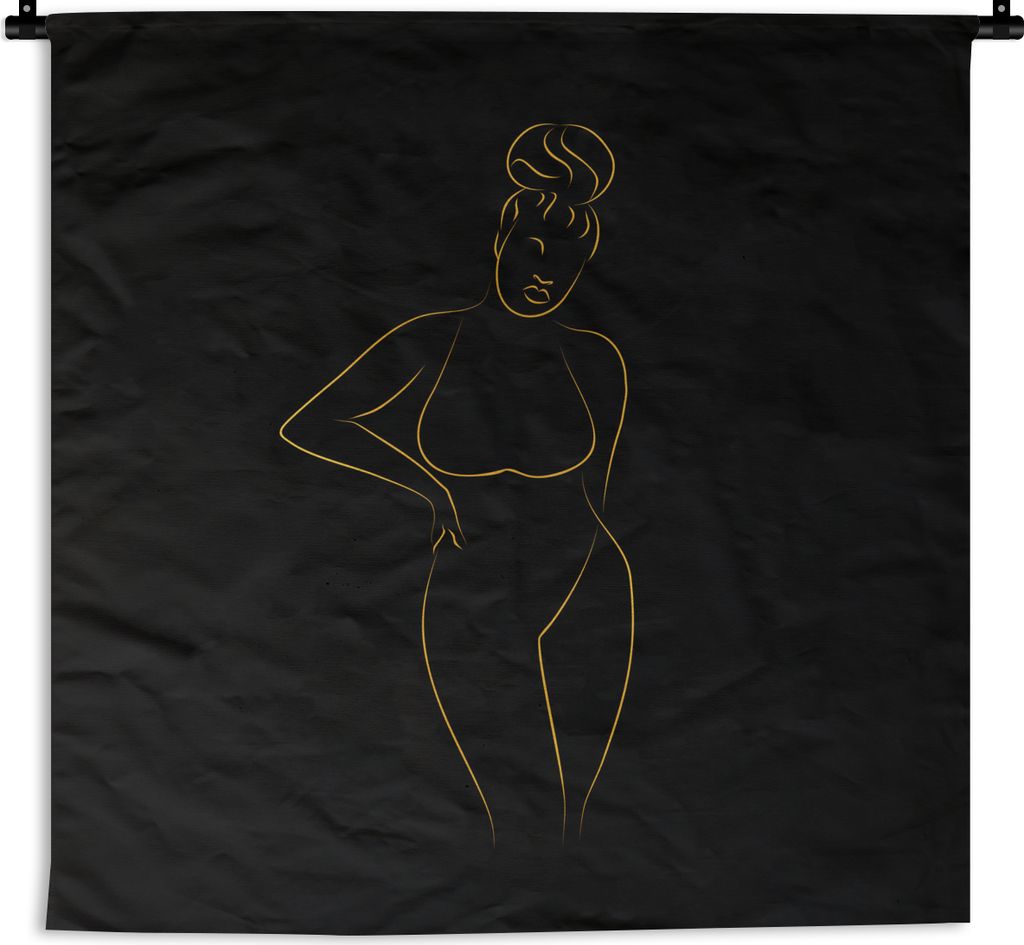 MuchoWow Wandteppich Wandbehang Frau - Schwarz - Gold - Strichzeichnung 150x150 cm Tapisserie Dekoration Wandtuch - Wohnaccessoires - Modernes