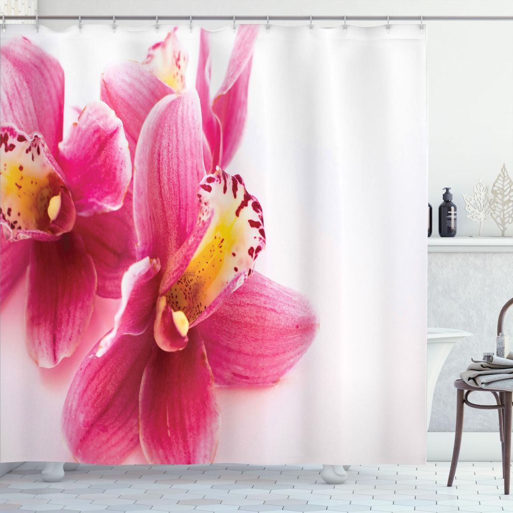 ABAKUHAUS Dunkelpink Duschvorhang, Schließen Sie Herauf Ansicht von Detail Flourishing Orchideen Feminine Vibes, 175 x 180 cm, Pink Orange