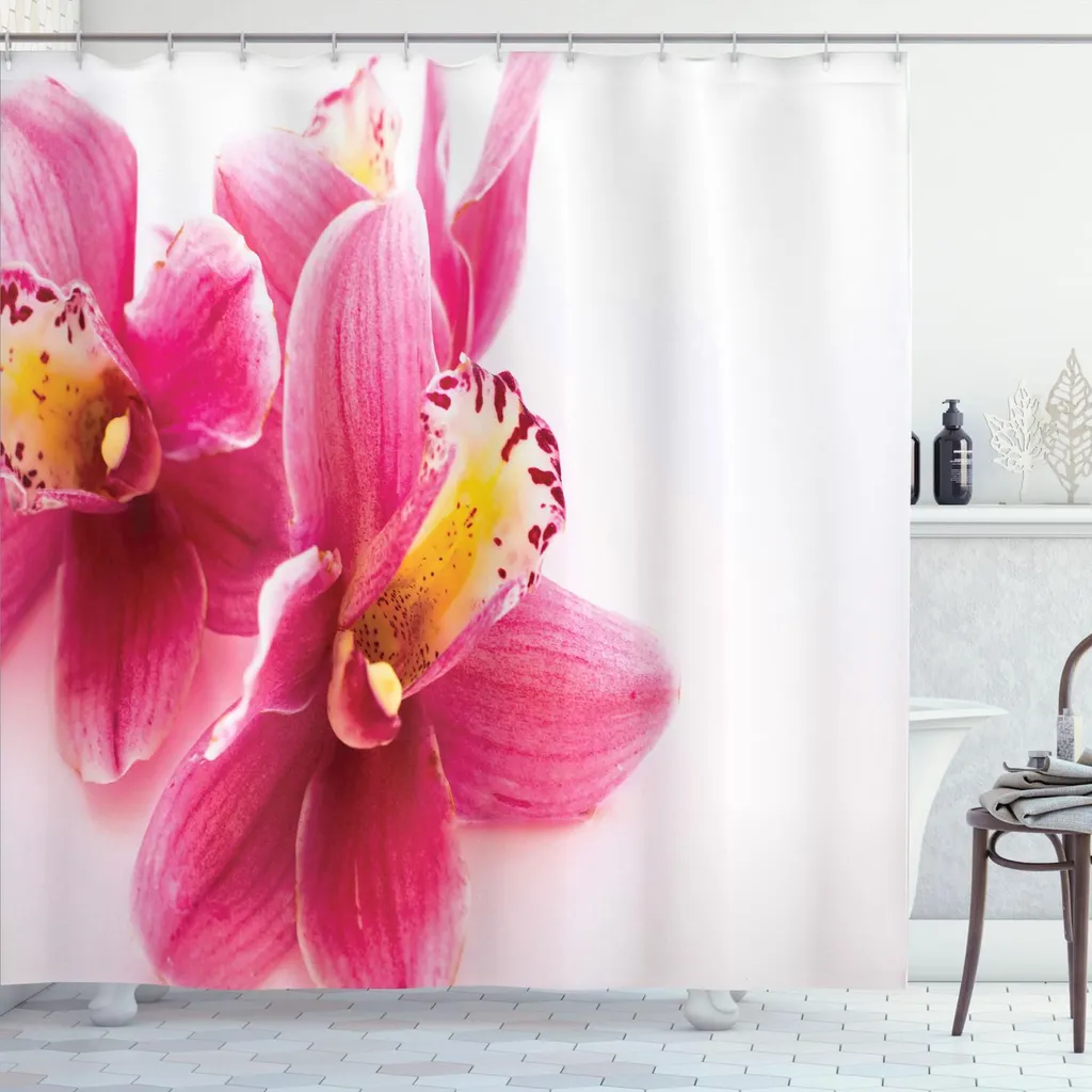 ABAKUHAUS Tenda da doccia rosa scuro, chiudi per ingrandire l'immagine Dettaglio Orchidee rigogliose Vibrazioni femminili, 175 x 180 cm, rosa arancione