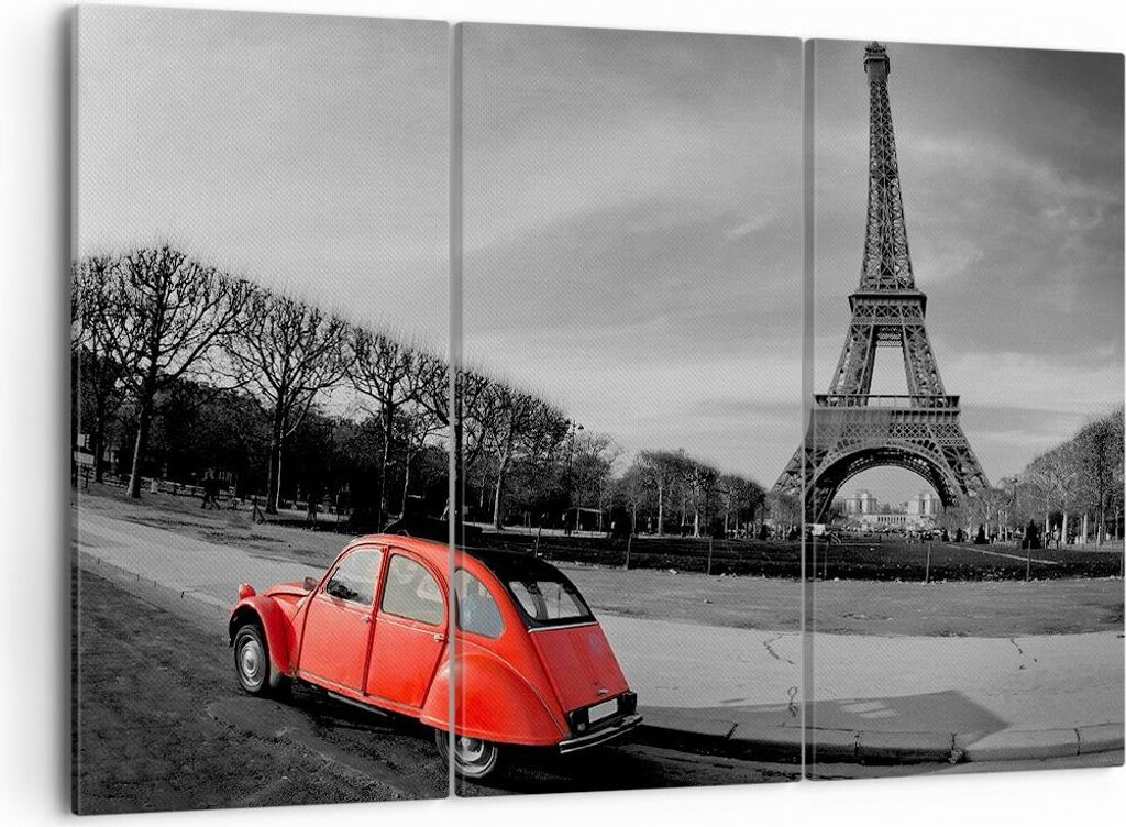 Bild auf Leinwand - Leinwandbild - Auto Eiffle Kultur Architektur - 105x70cm - Wand Bild - Wanddeko - Leinwanddruck - Bilder - Kunstdruck - Wanddek...
