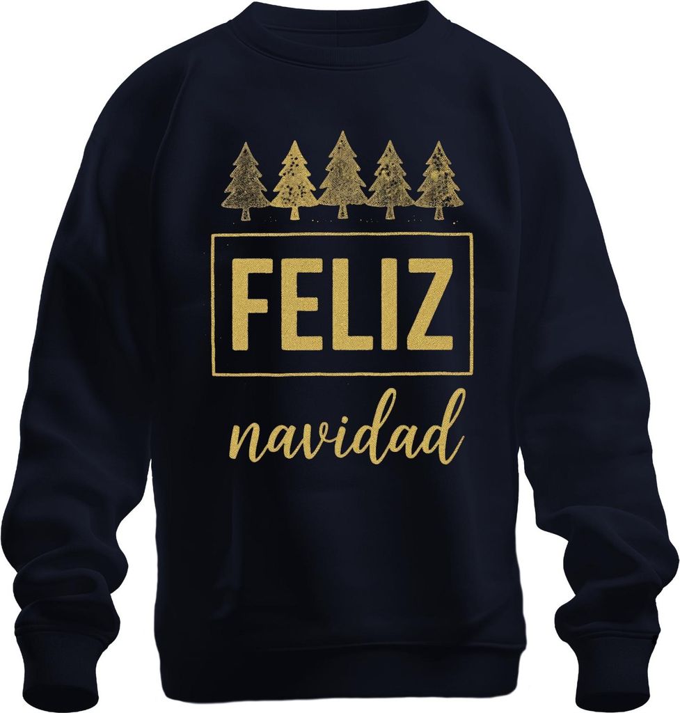 FELIZ navidad Weihnachten Weihnachtsbaum Gold Glitzer Geschenk Uni Sweatshirt Pullover, Navy, M
