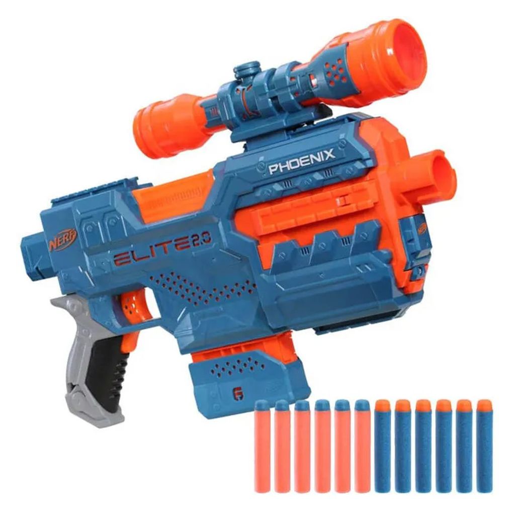 A blue and orange Nerf Elite 2.0 Phoenix CS-6 blaster with darts.