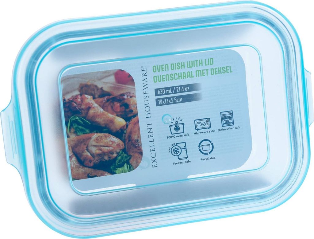 A clear, top-down view of a rectangular glass food container with a blue plastic lid, set against a white background. The lid features a label with product information and icons.