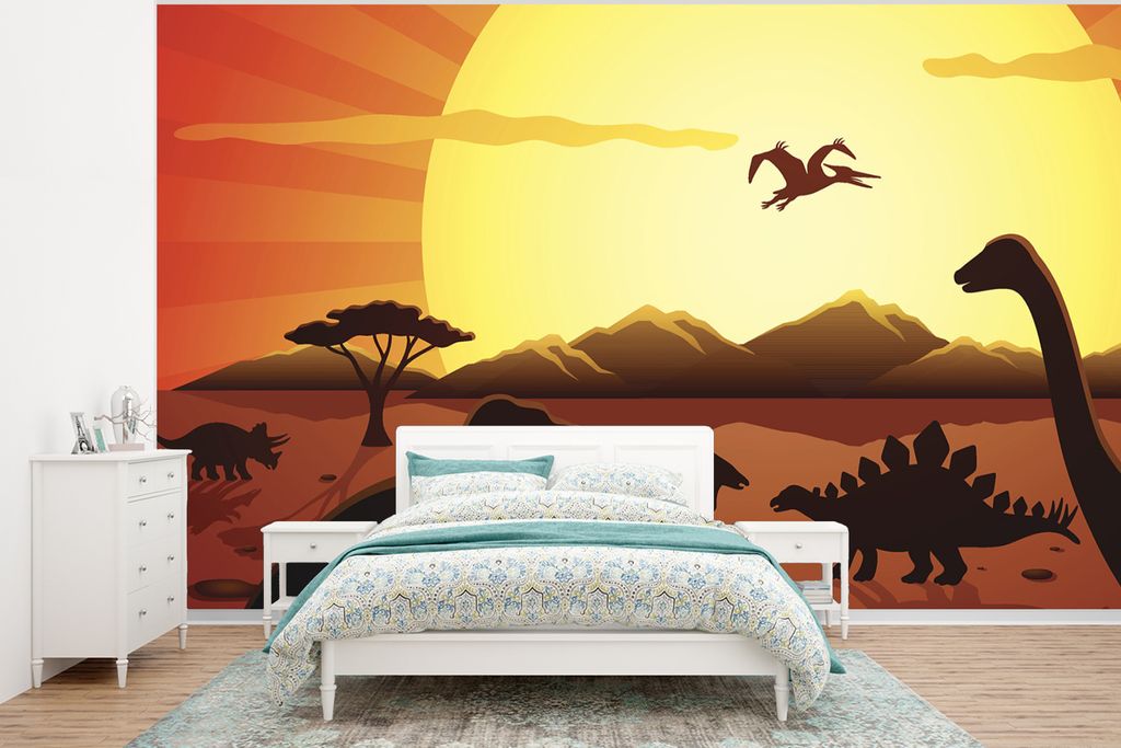 MuchoWow Fototapete für Wohnzimmer oder Schlafzimmer Wandtapete Vinyl Motivtapete Dino - Sonne - Natur - Zeichnung - Kinder - Jungen - 400x300 c...