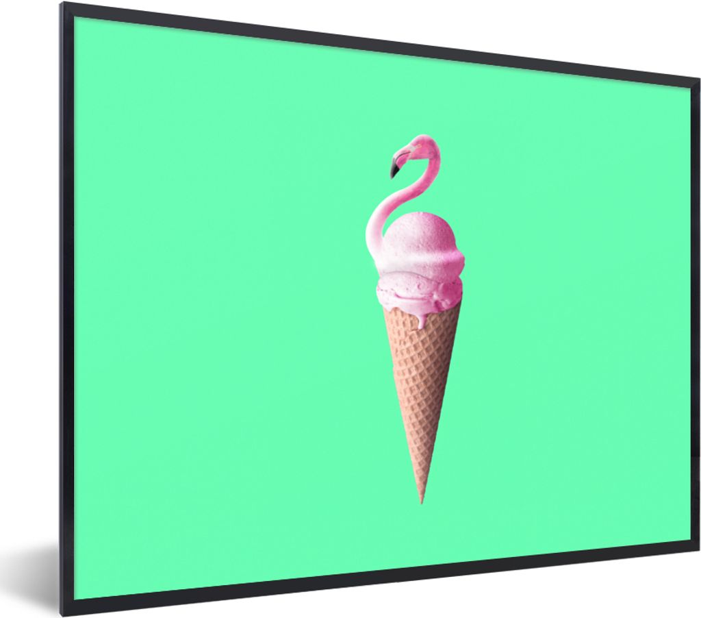 MuchoWow Gerahmtes Poster Eistüten - Eiscreme - Flamingo - Rosa - Grün 80x60 cm - Poster mit Schwarzem Bilderrahmen Wandposter Rahmen Foto Bild...