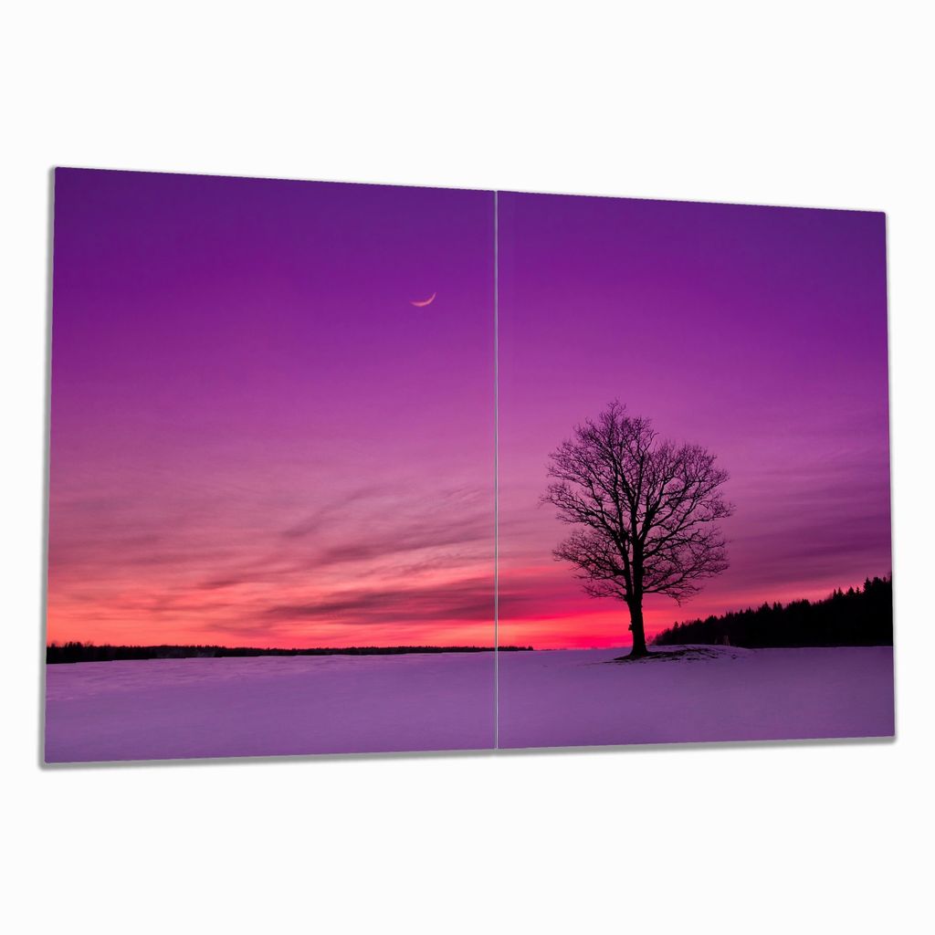 Wallario Herdabdeckplatte aus Glas, Größe 80 x 52 cm 2-teilig, Motiv Mond und Baum am Abend bei Schnee