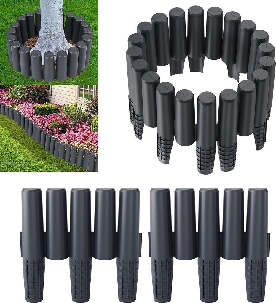 JOIEYOU 5,6M Rasenkante Kunststoff Beeteinfassung Neu-Holzpfahl-Type Beetumrandung mit Bodenspieß & Schnalle, Flexible Schneidebar Gartenpalisade,...