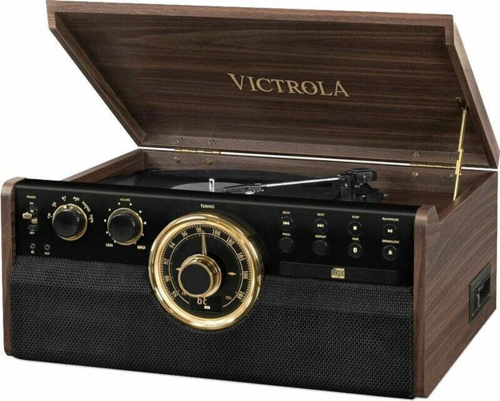 A retro-style record player with a wooden casing and a black front panel, shown with its lid open.