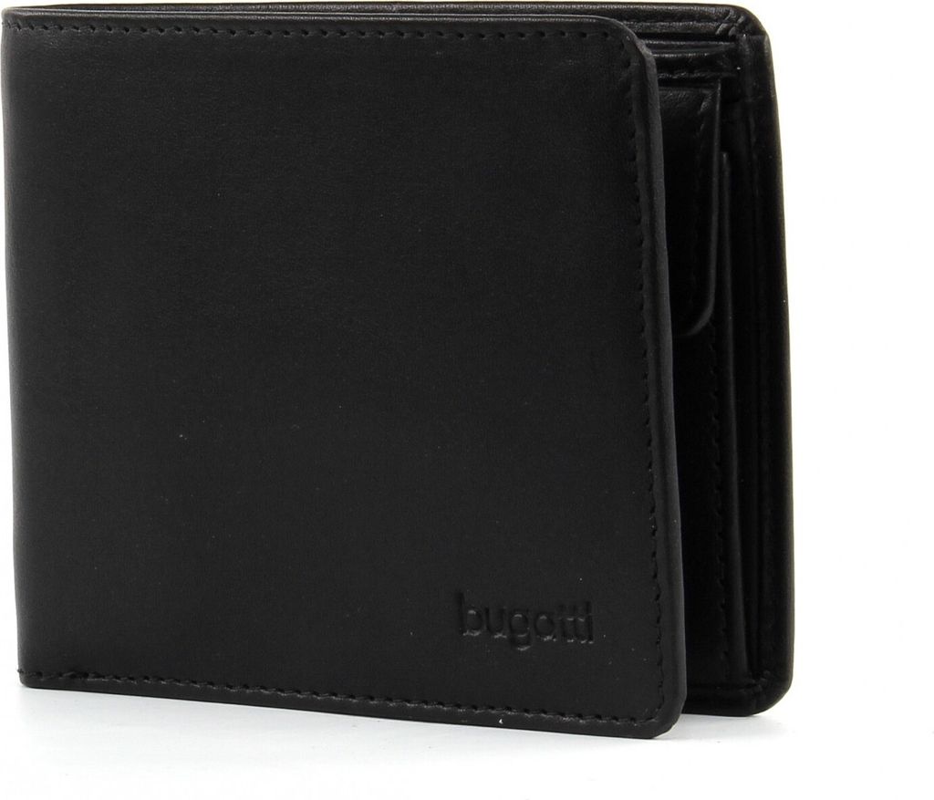 A black leather wallet is shown against a white background.