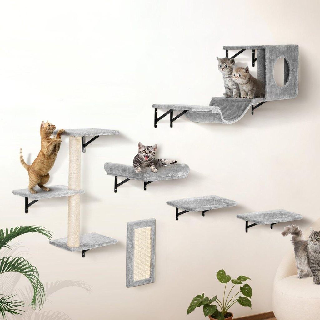 Wandmontierte Katzenregale Baum mit Sprungbrettern Hängematte Sofa Griff Set mit 6 Stück