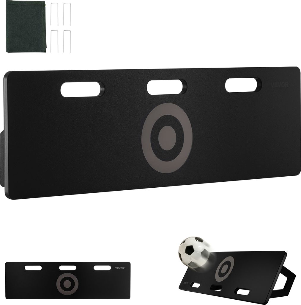 A black soccer rebounder board with target circles, shown from different angles, along with accessories.