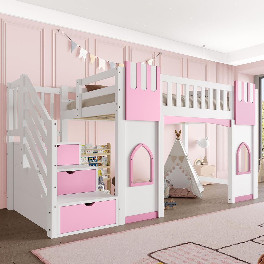 Merax Etagenbett Hochbett 90x200 cm, mit Stauraumtreppe und Fenster, Kinderbett, Stockbett, Jugendbett, Kiefer, Massivholzbett, Weiß+Rosa