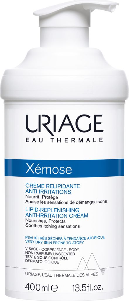 A white pump bottle of Uriage Xémose Lipid-Replenishing Anti-Irritation Cream.