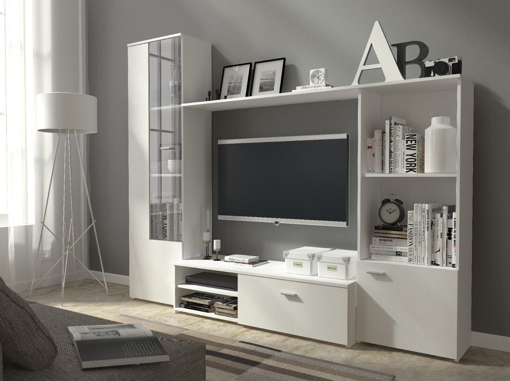 Weiße Moderne Schrankwand Für Das Wohnzimmer Mit Rtv-Schrank Und Vitrine