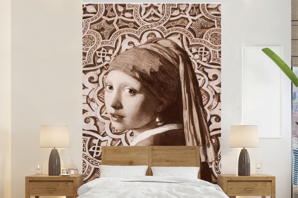 MuchoWow Fototapete für Wohnzimmer oder Schlafzimmer Wandtapete Vinyl Motivtapete Das Mädchen mit dem Perlenohrring - Johannes Vermeer - Sepia ...