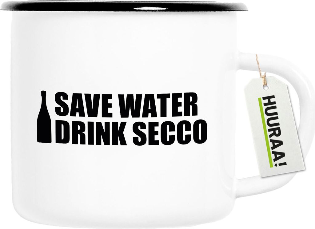 Huuraa Emaille Tasse Save Water Drink Secco Sektflasche 300ml Vintage Campingbecher Geschenkidee