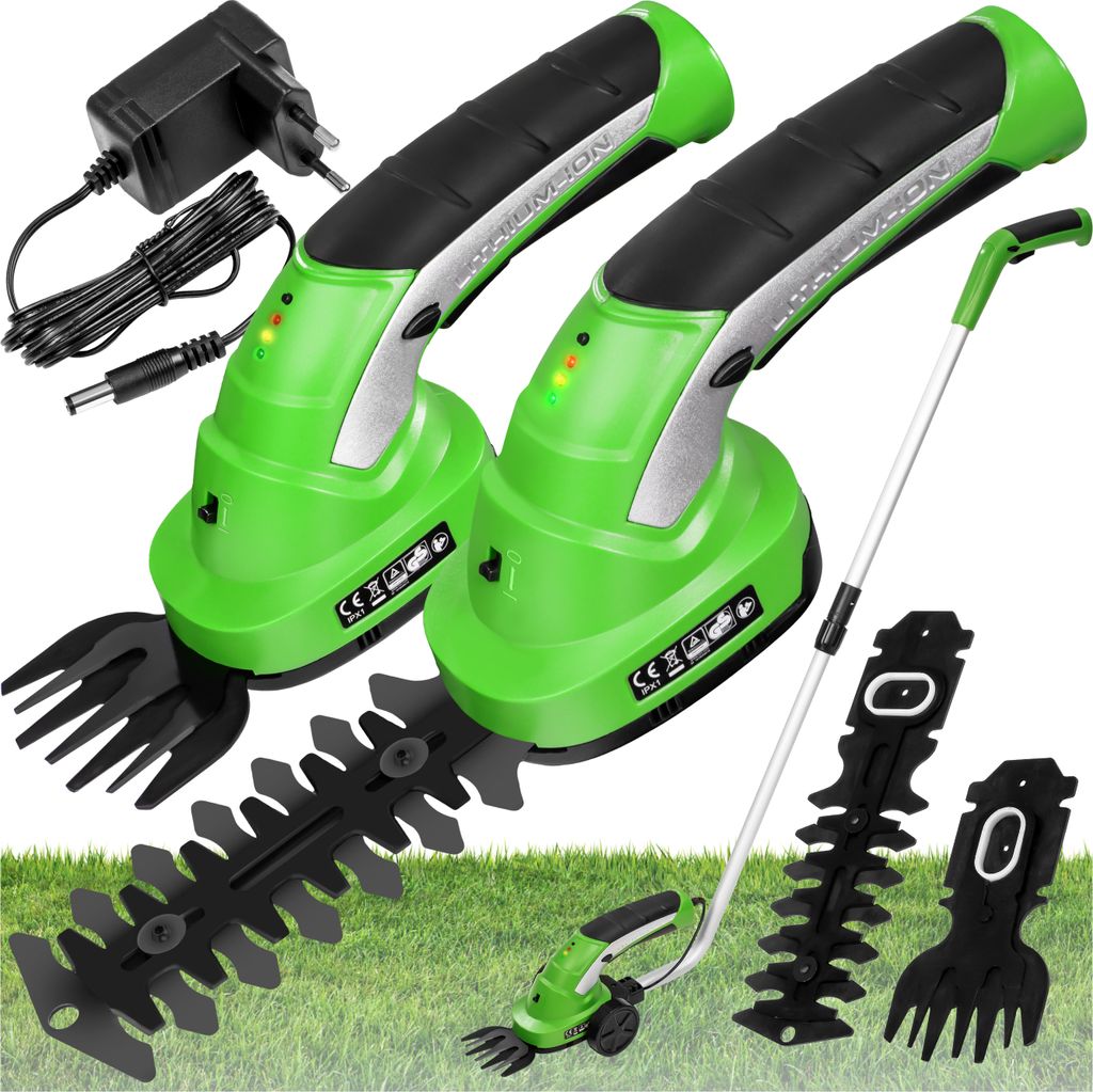 Two green cordless hedge trimmers with interchangeable blades and a telescopic pole, displayed on a green grassy surface with a white background.