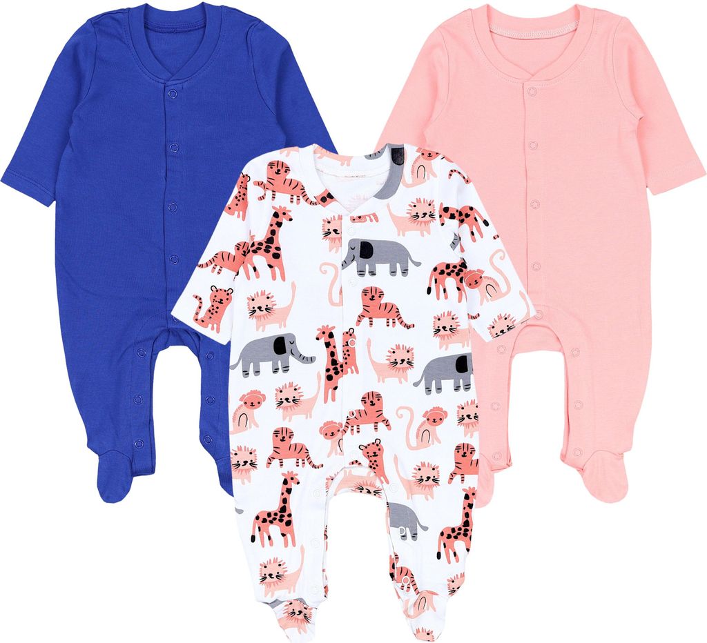 TupTam Baby Mädchen Schlafstrampler mit Fuß 3er Pack, Farbe: Marineblau Rosa Weiß Safaritiere, Größe: 50