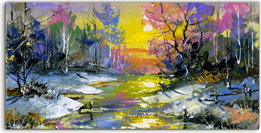 Coloray Spritzschutz aus Glas 100x50 Wandkunst Küchenrückwand Winter Landschaft mit dem Wald Fluss
