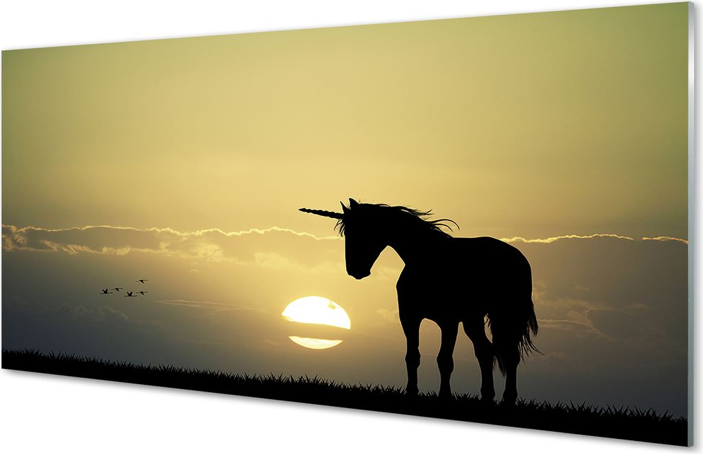 Glasbilder 100x50 Wandkunst Feld Sonnenuntergang Einhorn