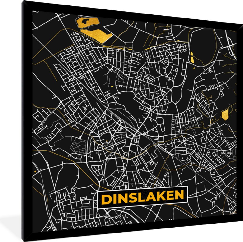 MuchoWow Gerahmtes Poster Stadtplan - Deutschland - Gold - Dinslaken - Karte 40x40 cm - Poster mit Schwarzem Bilderrahmen Wandposter Rahmen Foto ...