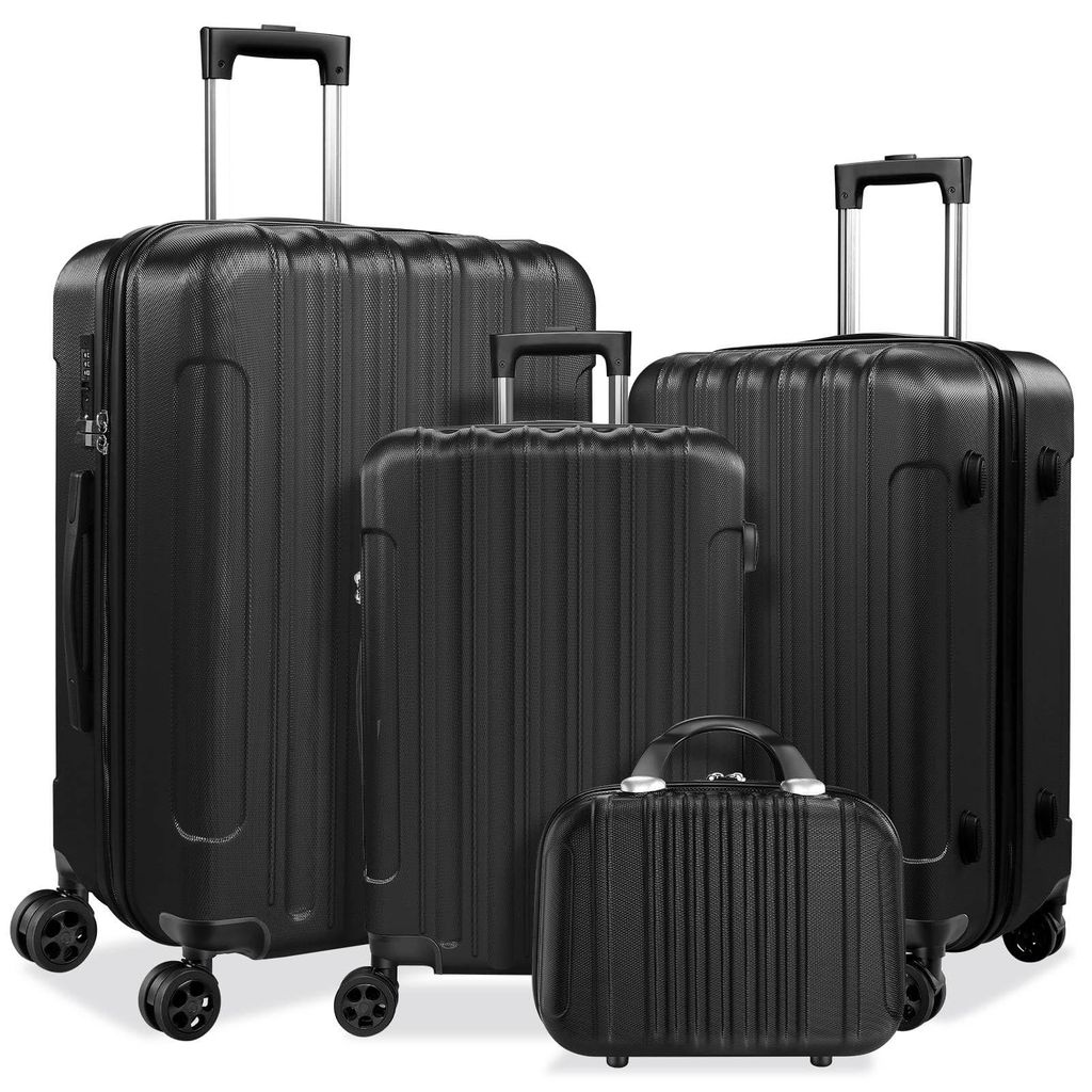 Hartschalen Kofferset 4-tlg, Reisekoffer mit TSA-Schloss, Trolley Set inkl. Kosmetikkoffer, leise Doppelrollen, robust, leicht, Schwarz, XL M S XS