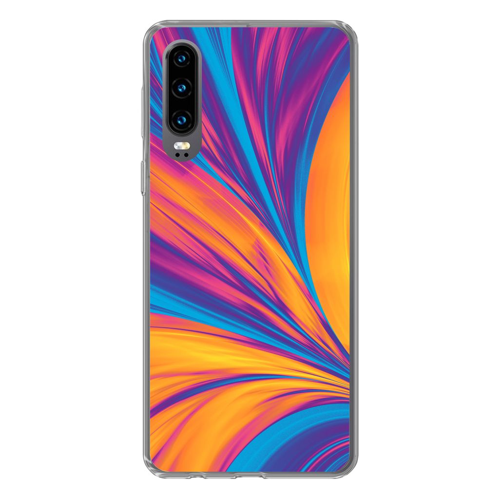 MuchoWow Handyhülle Schutzhülle Hülle für Huawei P30 Federn - Regenbogen - Neon - Abstrakt Silikon Softcase Handy Hülle - Kartenbesitzer