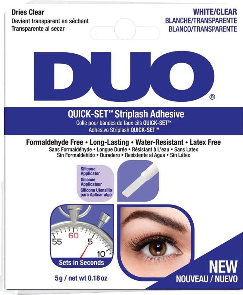 The image shows the packaging of DUO Quick-Set Striplash Adhesive.