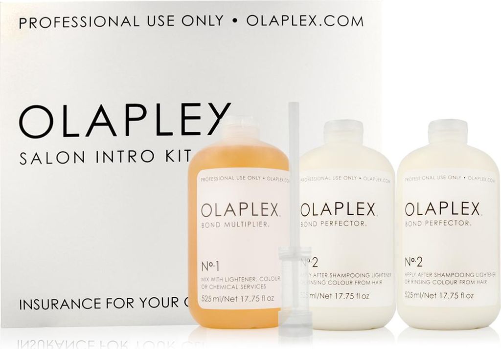 A box containing three bottles of Olaplex salon intro kit products.