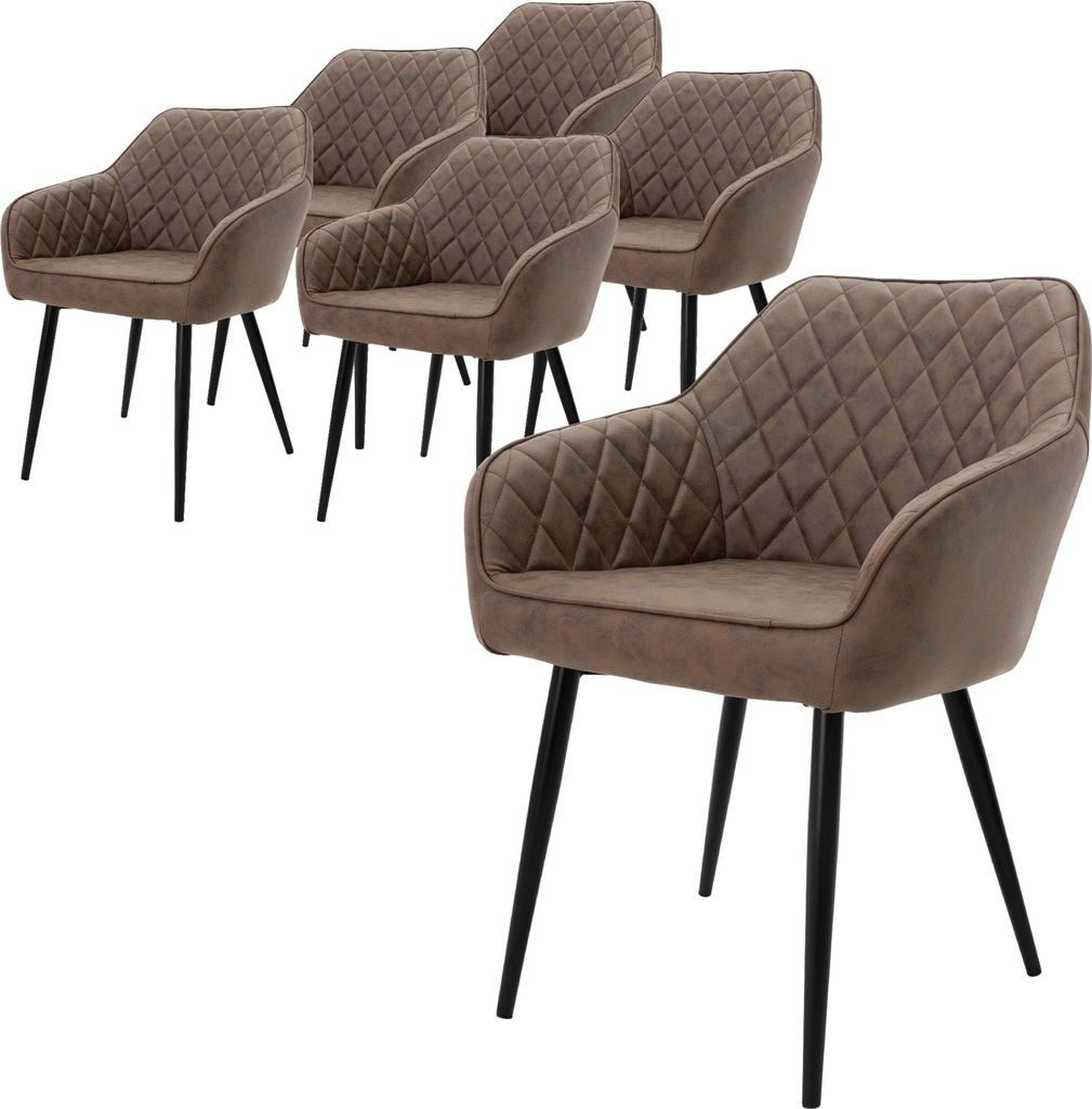 ML-Design 6er Set Esszimmerstühle mit Armlehne und Rückenlehne, Braun, Küchenstuhl mit Kunstlederbezug, Polsterstuhl mit Metallbeinen