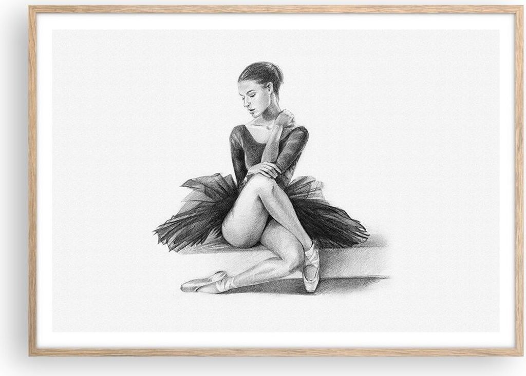 Gerahmtes Poster - Rahmen in heller Eiche - Ballerina Zeichnung Bleistift - 100x70 cm - Wand Bild - Wanddeko - Wandbilder - Kunstposter - Wandposte...