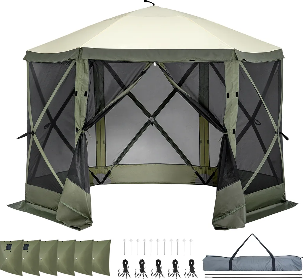 Tente de Camping Familiale Pop-up 6 Côtés avec Moustiquaire Vert Armée