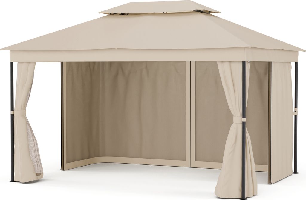 Blumfeldt Mondo Dual Pavillon 3x4 – Doppeldach & Moskitonetze, Rostfreier Metallrahmen, Wetterfeste Überdachung, Gartenpavillon, Beige